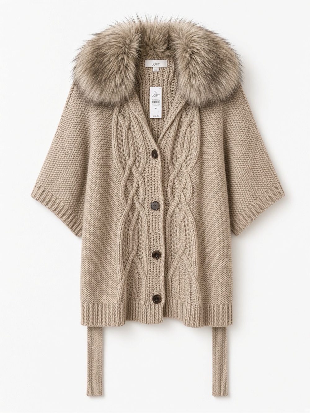 NWT LOFT Beige Faux Fur Collar Cable Knit Cardigan XS